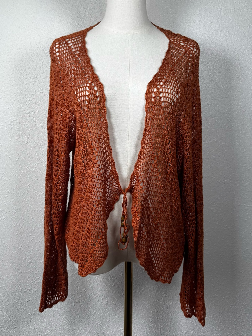 Vintage Woman’s Crochet Tie Front Rust Orange Sz 18 Boho festival westerncore